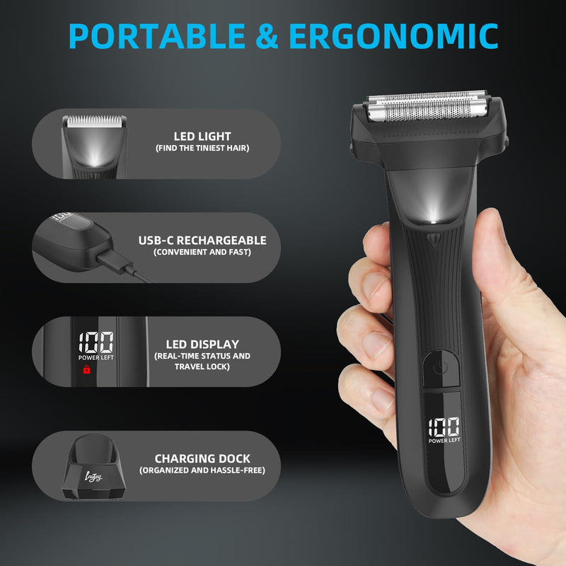 [Australia] - INVJOY Manscape Body Trimmer for Men, Waterproof Electric Razor/Shavers with Dual-Head for Facial, Pubic & Groin Hair Grooming, Ceramic & Foil Blades Hair Trimmer with LED - Birthday Gift for Him Dad 