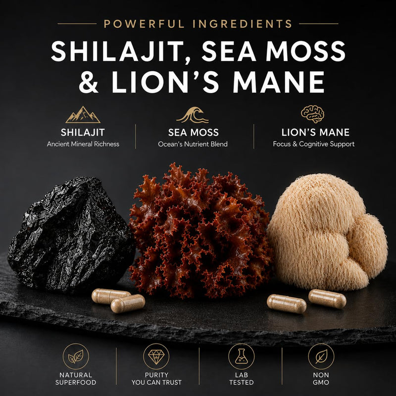 3-in-1 Shilajit, Seamoss and Lions Mane Capsules - High Strength 12000mg Lion's Mane Shilajit and Irish Sea Moss | Fulvic Acid, Organic Sea Moss | Supplements for Men and Women | 90 Vegan Capsules