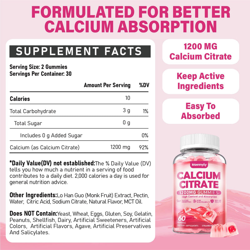 Calcium Citrate Gummies 1200 mg for Adults - Ultimate Absorption Calcium | Easy to Digest, Vegan, Non-GMO, Gluten Free - Calcium Supplement for Women & Men - Natural Strawberry Flavor, 60 Gummies 60 Count (Pack of 1)