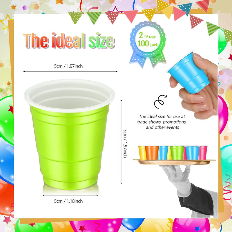 [Australia] - 100 Pack 2 oz Plastic Shot Cups,Mini Disposable Shot Glasses 2 oz Small Plastic Cups for Wedding, Graduation Party, Beer Taste Serving, Snacks(Multi Colors) Multi Colors 