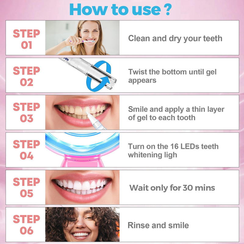[Australia] - Teeth Whitening Kit for Sensitive Teeth - 16 LED Light - 30 Min Professional Non-Sensitive Fast Teeth Whitener with 3 Carbamide Peroxide Whitening Gel and Shade Guide - Pink 