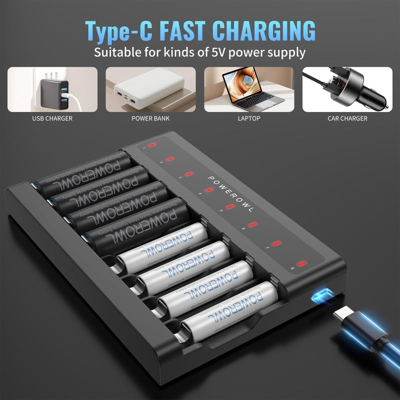 [Australia] - POWEROWL AA AAA Battery Charger 8 Bay, Independent Slot, USB Fast Charging for Ni-MH Ni-CD Rechargeable Batteries 