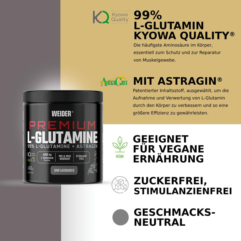 [Australia] - Weider Premium L-Glutamine (400g) Neutral in taste, 99% Kyowa Quality L-Glutamine + AstraGin for better absorption, supports muscle protection, muscle building, immunity, pre/post workout, stimulant-free 