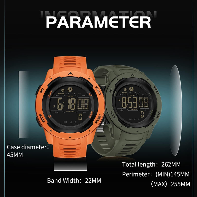 [Australia] - findtime Men's Digital Watch Waterproof Pedometer Watches Sport Watch Step Counter Calorie Military Watch with Stopwatch Alarm LED Backlight Countdown orange 