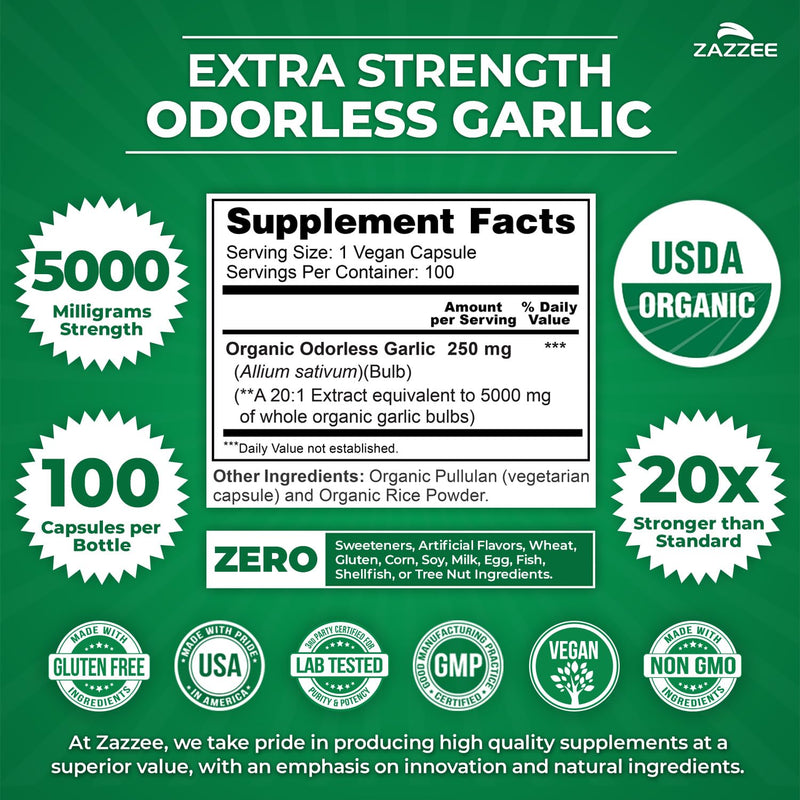 [Australia] - Zazzee USDA Organic Odorless Garlic 20:1 Extract, 5000 mg Strength, 100 Vegan Capsules, 3+ Month Supply, Standardized, Concentrated 20X Extract, 100% Vegetarian, All-Natural, Non-GMO, Made in The USA 