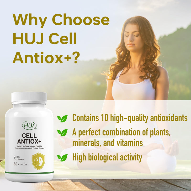HUJ Cell Antiox+ Supplement - Superior Antioxidants & Cellular Support - Contains Grape Seed Extract, Pomegranate Extract, Resveratrol, and Vitamins C and E - 60 Capsules