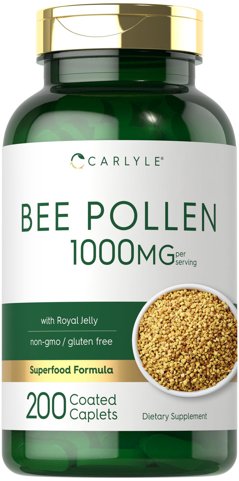 Carlyle Bee Pollen Supplement 1000mg | 200 Caplets | with Royal Jelly and Bee Propolis | Vegetarian, Non-GMO, Gluten Free