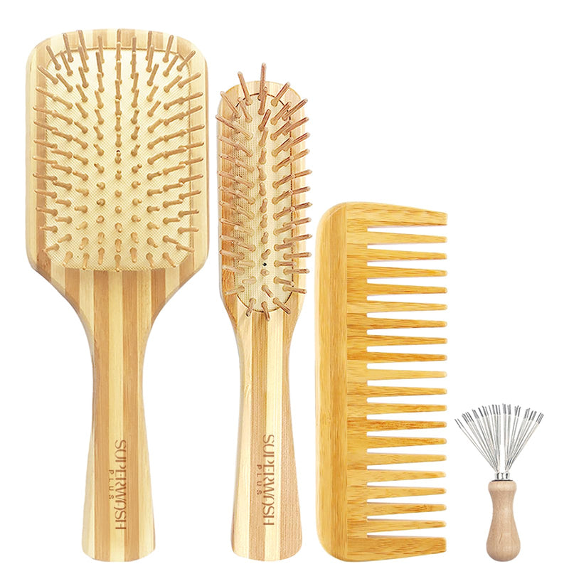 Bamboo Hair Brush Comb Set for Women Men, Wood Bristle Paddle Detangling Brush, Wide Tooth Comb for Curly Wavy Thick Thin Wet Dry Hair, Brush Cleaning Tool Included - 4 Pack Bamboo hairbrush and comb set