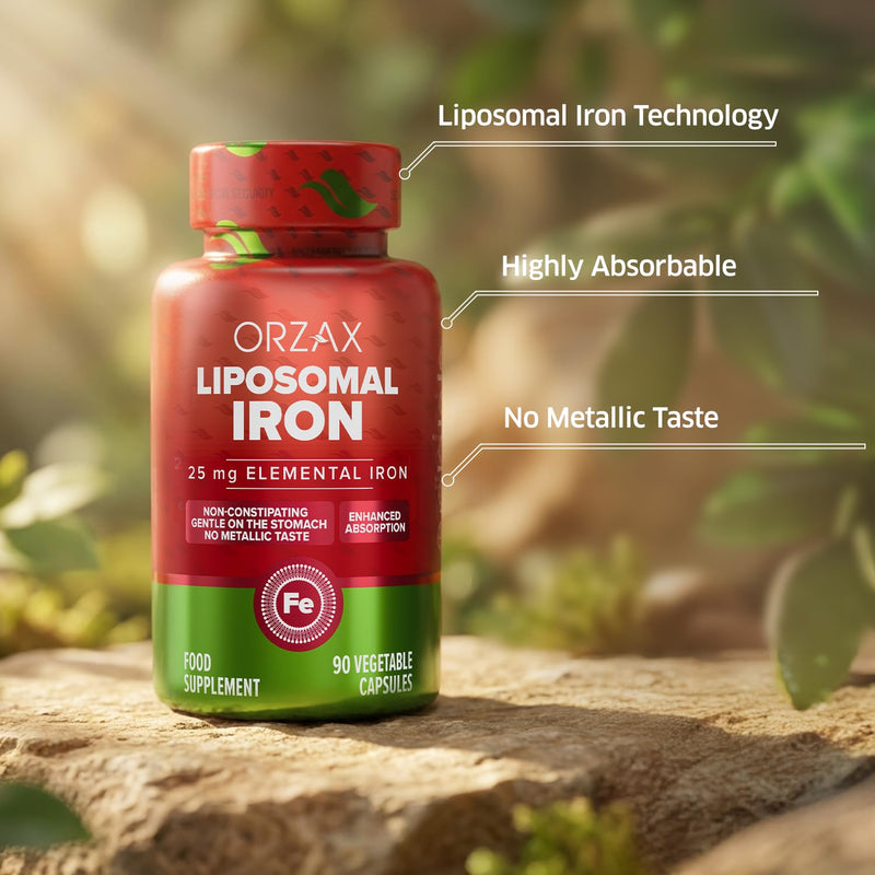 ORZAX Iron Supplement 25 mg -Liposomal Technology- High Bioavailability 90 Vegetable Capsules, Non-Constipating, Non-GMO & Gluten Free, for Women, Men, Adults