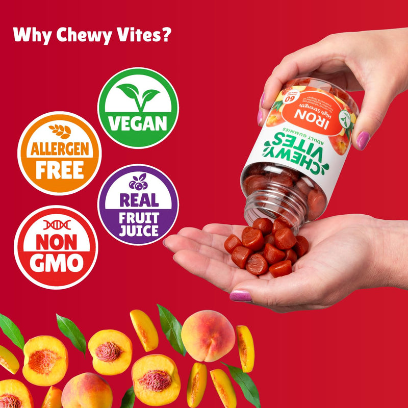 Chewy Vites Adult High Strength Iron, 60 Vitamin Gummies, 14mg Ferrous Fumerate Iron Gummies with Vitamin C, 2 Months Supply, Real Fruit Juice, Vegan, Peach Flavour