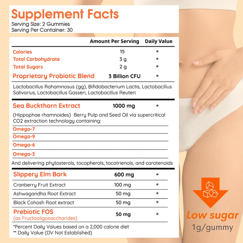 [Australia] - Muun Intimate Moisture Gummy with Slippery Elm Bark, Omega 6, 7, 9 & 3 Billion CFUs Probiotic, Prebiotic- Estrogen Free, Hormone Free for Feminine Care Vaginal Moisture 