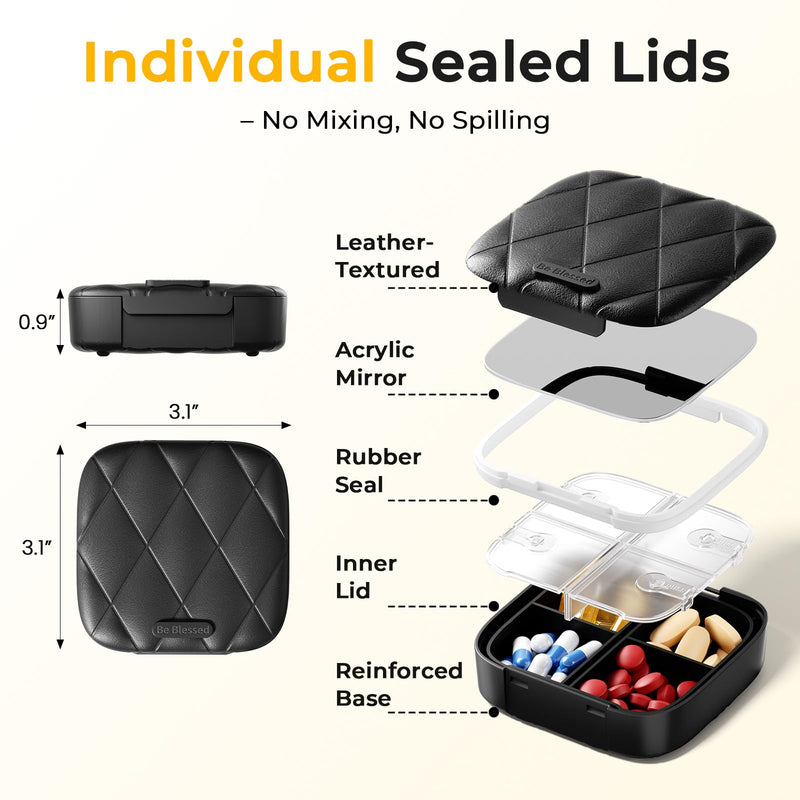 Daviky Compact Pill Organizer with Built-in Mirror, Purse Travel Pill Box | Easy Open, Compact Design, Purse-Friendly, Portable Travel, One-Hand Operation, Daily Vitamins & Supplements Black