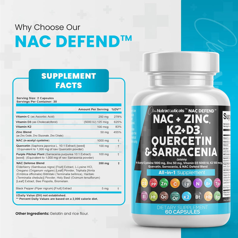 [Australia] - Clean Nutraceuticals NAC Supplement N-Acetyl Cysteine 1000mg Vitamin D3 K2 Zinc Quercetin 1000mg Sarracenia Purpurea 1000mg with Elderberry Holy Basil Bee Propolis Bromelain L-Lysine - 60 Count 