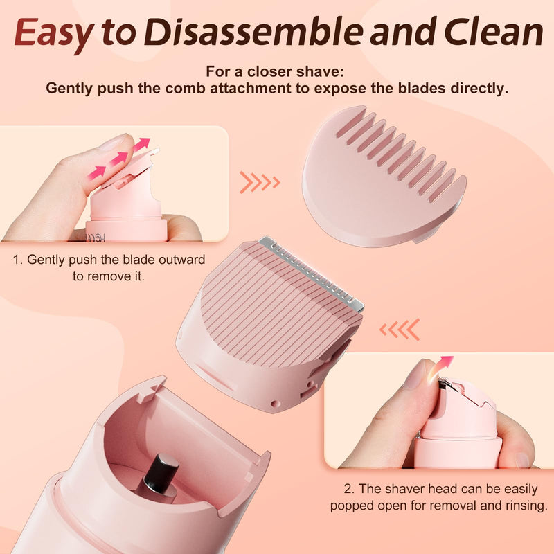 2 in1 Bikini Trimmer for Women, Dual-Head Electric Razor & Painless Hair Removal - Waterproof Cordless Lady Shaver for Body, Face Underarm, Intimate Areas, Facial Bikini Shaver (Pink) Pink