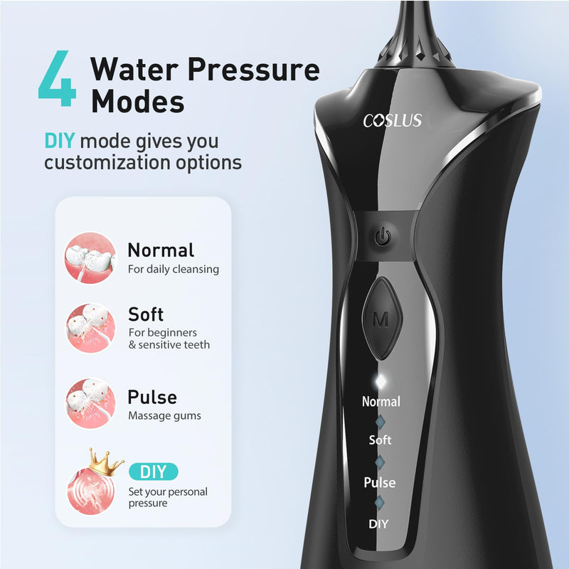 [Australia] - COSLUS Water Dental Flosser Pick for Teeth: 4 Modes Cordless Portable 300ML Larger Tank Water Teeth Cleaner IPX7 Waterproof Flossing Cleaning Picks for Home Travel FC5360 Black 