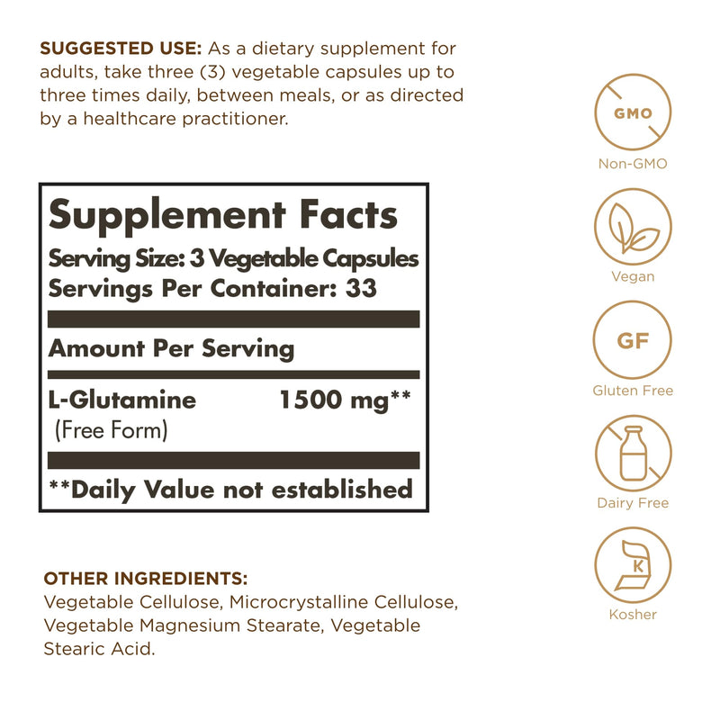 Solgar L-Glutamine 500 mg - 100 Vegetable Capsules - Natural Muscle Food - Non-GMO, Vegan, Gluten Free, Dairy Free, Kosher - 33 Servings