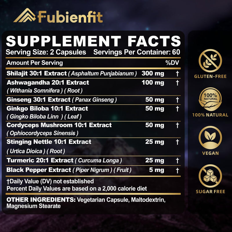 [Australia] - Shilajit Capsules - Premium Shilajit for Men - with Ashwagandha Ginseng and More Fulvic Acid for Men/Women - 120 Capsules 120 Count (Pack of 1) 