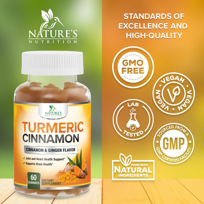 Turmeric Curcumin Supplement Gummies - 95% Curcuminoids with Turmeric Ginger, Black Pepper for Best Absorption, Nature's Vegan Joint Support, Non-GMO, Gluten Free, Tasty Cinnamon Flavor - 60 Gummies 60 Count (Pack of 1)