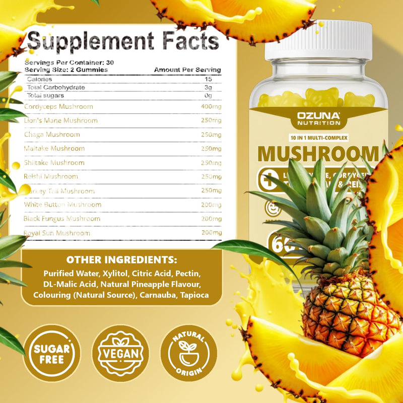 Mushroom Gummies | 10-in-1 | Vegan & Sugar-Free | with Lion’s Mane, Cordyceps, Reishi & Chaga | Pineapple Flavour | 60 Chewable Gummies | Energy, Vitality & Daily Wellness