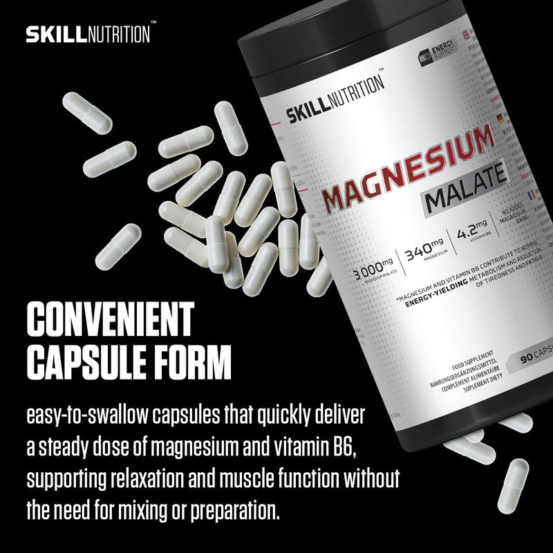 Skill Nutrition Magnesium Malate + Vitamin B6 | 340 mg Magnesium per Serving | 3000 mg Magnesium Malate, Active B6 P-5-P | No Magnesium Oxide | 60 Capsules