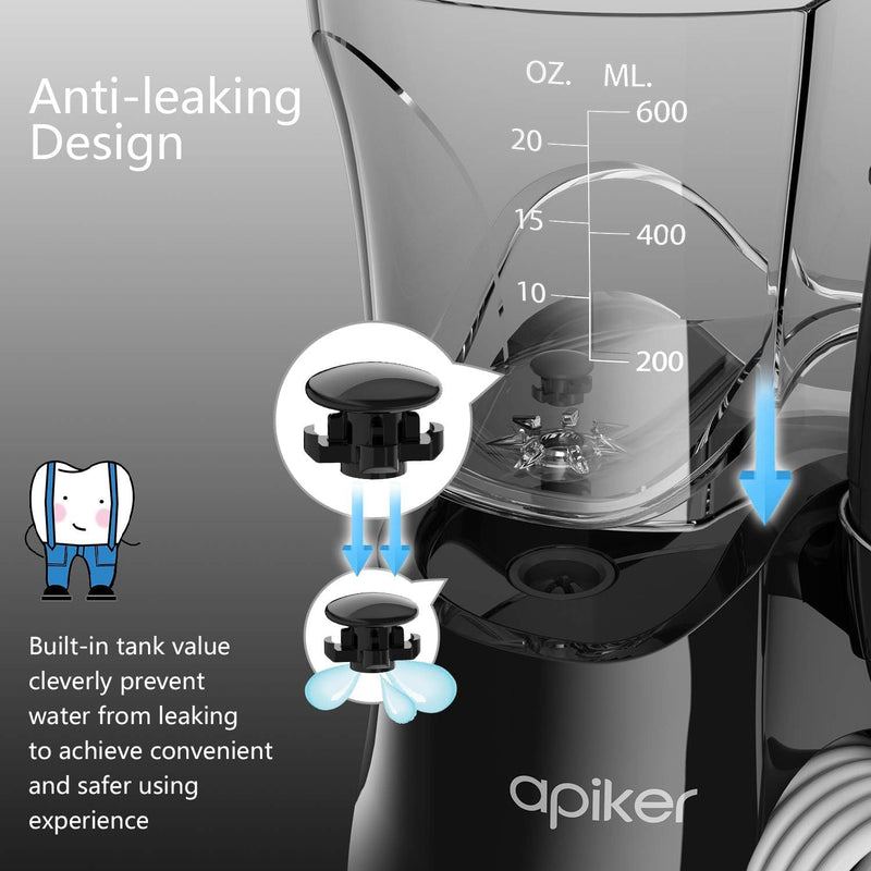 [Australia] - Apiker electric oral irrigator for dental cleaning between teeth, professional water flosser with stepless water pressure adjustment, 600 ml water tank, 8 different functional nozzles - black, elegant black 