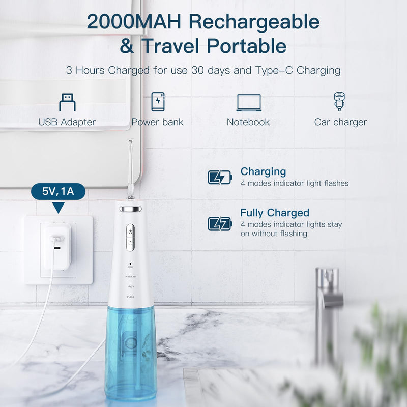 [Australia] - Cordless Water Flossers Picks for Teeth, IPX7 Waterproof Portable Water Flosser with 4 Pressure Modes, 2000mAh Rechargeable Water Dental Flosser for Home Travel (White) White 