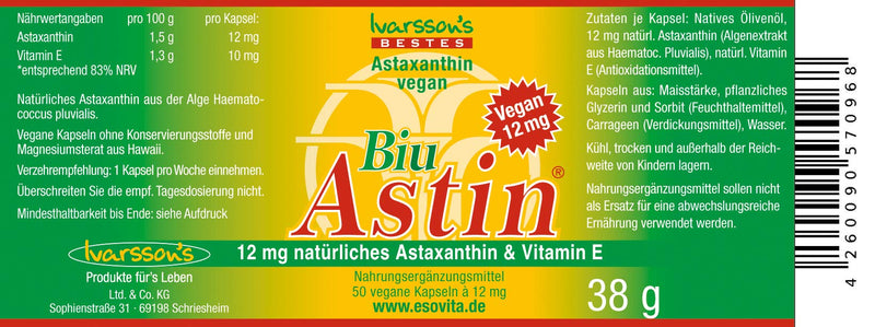 [Australia] - Astaxanthin - from Hawaii - BiuAstin vegan - 50 caps. with 12 mg natural astaxanthin - The original: Ivarsson's BiuAstin 50 pieces (pack of 1) 