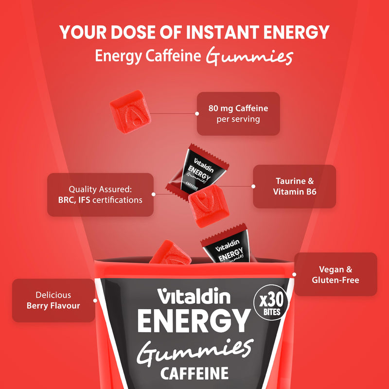 VITALDIN Sport Power Gummies Caffeine & Taurine – Quick & Sustained Energy – 80 mg Caffeine, 40 mg Taurine per Serving + Vitamin B6 – 30 Chewable Gummy Bites – Berries Flavour – Vegan