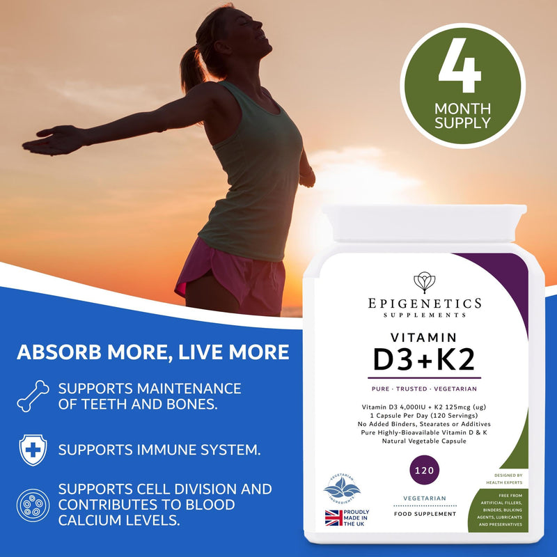Vitamin D3 K2 Capsules | Additive-Free 4,000 IU Vitamin D & 125mcg VIT K MK7 | Long 4 Months Supply | 120 Vegetarian Friendly & Made in the UK by Epigenetics Supplements