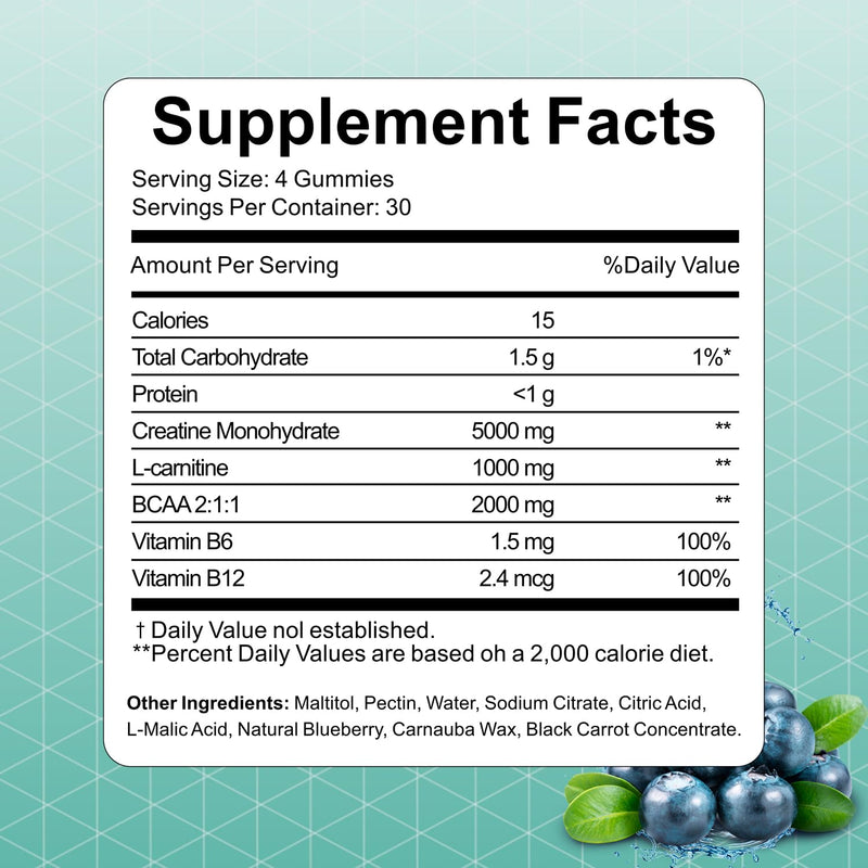 Lab Tested CREATINE Ultra + BCAA 8000mg | 120 Gummies | L Carnitine | Vitamin B6 and B12. Pre Workout Muscle Recovery Supplement for Men and Women, Sugar Free | Pre/Post Workout Gym