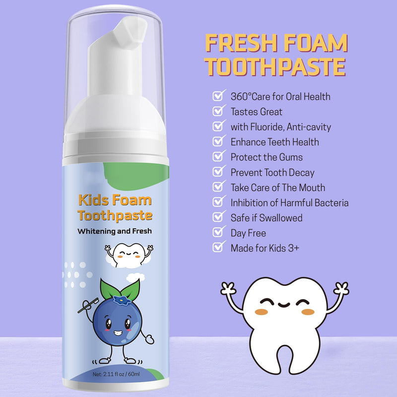 [Australia] - Foam Toothpaste Kids 2PCS, Toddler Toothpaste Cavity Protection, Clean and Whitening, 360ºCare, Portable, Kids Foam Toothpaste with Fluoride for Electric & U-Shape Toothbrushes (Blueberry) Blueberry 
