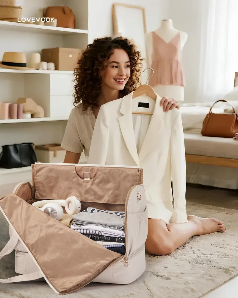 LOVEVOOK Garment Bags for Travel,Convertible Garment Bag for Women with Shoe Pouch,Carry on Duffel Bag with Toiletry Bag, 2 in 1 Hanging Suitcase Suit Bag,Waterproof Weekender Bags for Business Trip Nude 45L-2Pcs