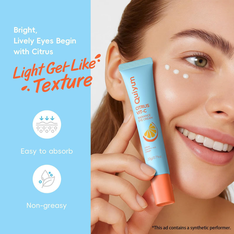 QUIYUM Citrus Vitamin C Eye Cream, for Dark Circles and Puffiness, 0.71 Oz | Glowing Eye Moisturizer with Caffeine, Hyaluronic Acid & Collagen, Under Eye Cream to Smooth Fine Lines, Non-Greasy
