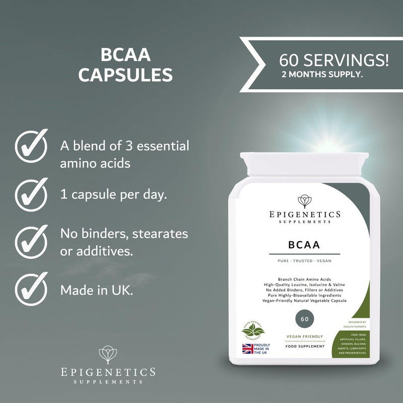 BCAA (Branch Chain Amino Acids) | 200mg L-Leucine + 100mg L-Isoleucine + 100mg L-Valine | 60 Vegan Capsules UK Made | 1 Capsule Daily (2 Month Supply)
