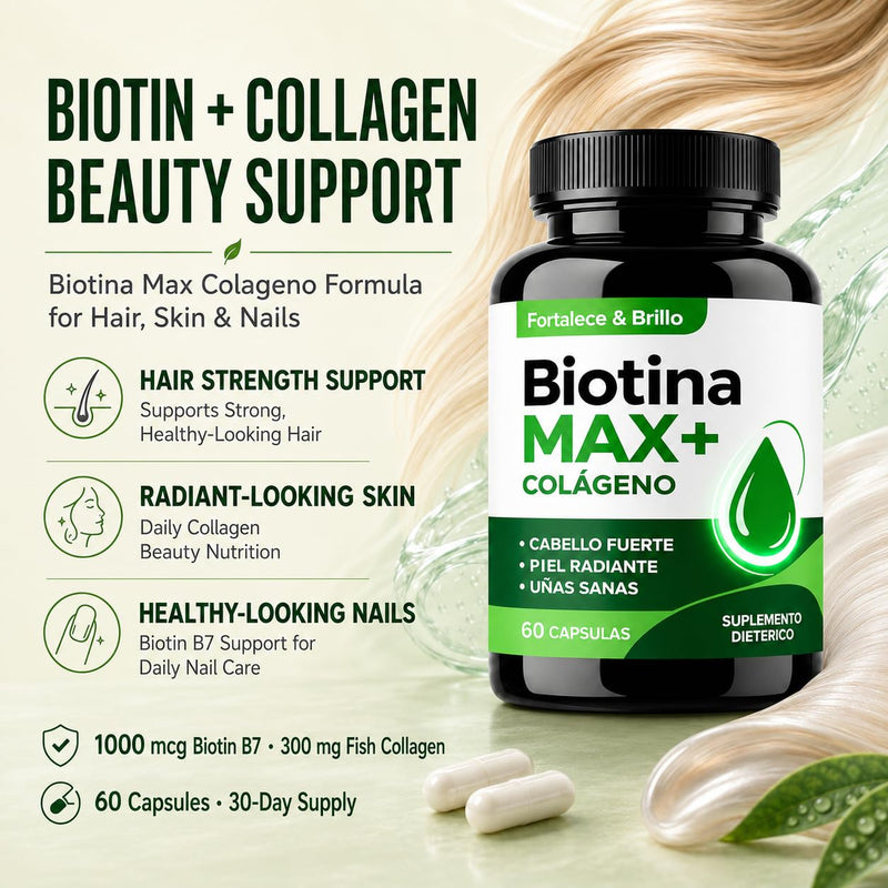 Biotina Max Colageno, Biotin and Collagen Supplements with Biotina B7 & Vitamins, Biotin for Hair Growth Women, Improve Skin and Nails, 60 Capsules Green
