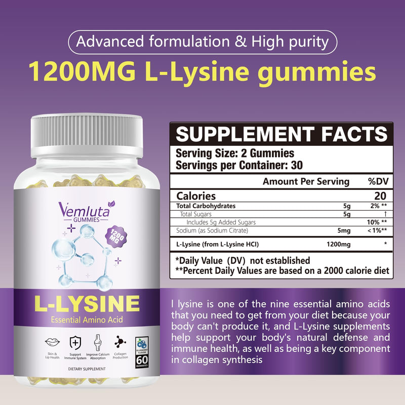 [Australia] - 2 Packs 1200 MG L-Lysine Gummies for Immune Support & Collagen Boost - Chewable Lysine Supplement for Adults, Lip ÔºÜ Cold Sore* Support for Women,Blueberry, Non-GMO, Gluten Free,120 Counts 60 Count (Pack of 2) 