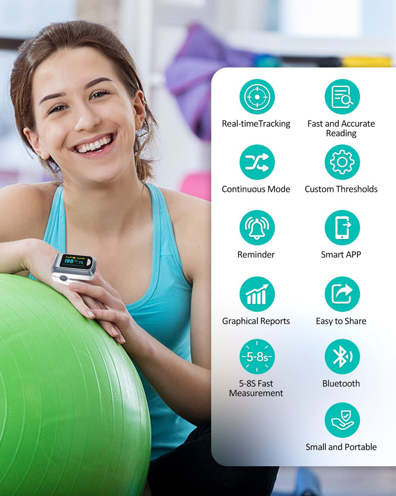 [Australia] - Pulse Oximeter HealthTree Oxygen Monitor Fingertip, Bluetooth Pulse Ox with Free APP, O2 Pulse Oximeter Finger and Heart Rate Monitor, 2 X AAA Batteries, Lanyard Gray 