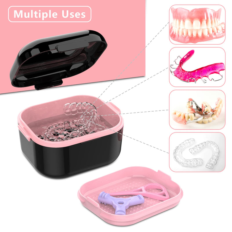 [Australia] - BVN Denture Bath Denture Case: Denture Cup for Soaking Dentures, Retainer Cleaner Case with Mirror, Mouth Guard Case, Aligner Case, Retainer Holder, Night Guard Case, False Teeth Container Black Black Pink 