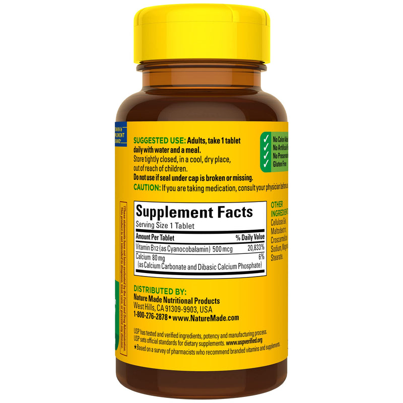 Nature Made Vitamin B12 500 mcg for Energy Metabolism Support, 100 Tablets | B12 Vitamins 500 mcg, Help Support Energy Metabolism, Brain Cell Function and Healthy Aging, Gluten Free, 100 Day Supply 100 Count (Pack of 1)