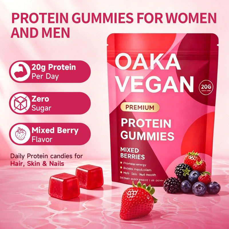 Protein Gummies for Women & Men, 20g Protein per Serving, Supports Healthy Hair Skin Nails & Energy, Vegan, Zero Sugar, Mixed Berries Flavor, 60 Gummies