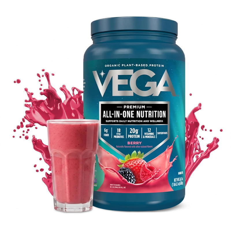 Vega All-in-One Nutrition Organic Vegan Protein Powder – Berry, 20g Protein Meal Replacement Shake – 1.52 lbs (18 Servings) 1.52 Pound (Pack of 1)