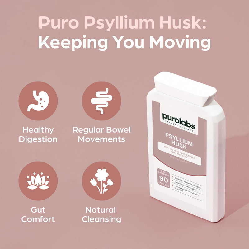Purolabs Psyllium Husk Capsules – Organic Psyllium Husk 99.9% High Purity Fibre Supplement with Aloe Vera – Natural Digestive Support for Gut Health, Bowel Regularity & Daily Wellness – 90 Capsules