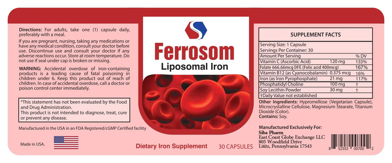 Liposomal Iron Supplements by Siba Pharm | Ferrosom Dietry Iron Vitamins Supplement | Rich in Vitamin C, B12, Folic Acid| Non GMO, Vegan, Premium Quality| Helps New Blood Cell Production | 30 Capsules