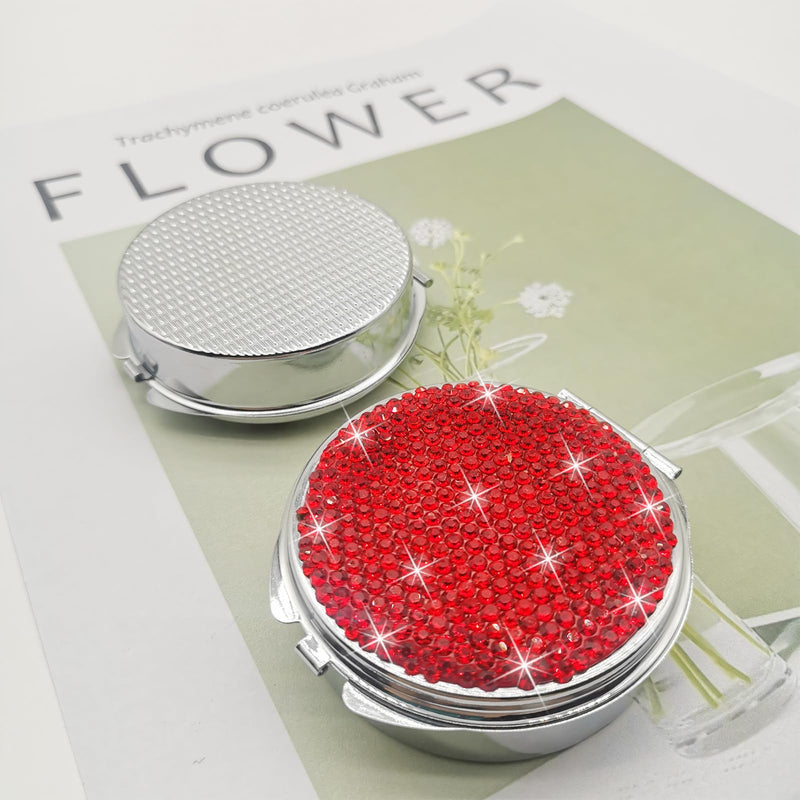 Bling Pill Case for Purse Medicine Vitamin Container Holder | Pocket Pill Case Round Medicine Organizer for Vitamin/Fish Oils/Supplement Travel Medicine Kit 3 Compartment Red