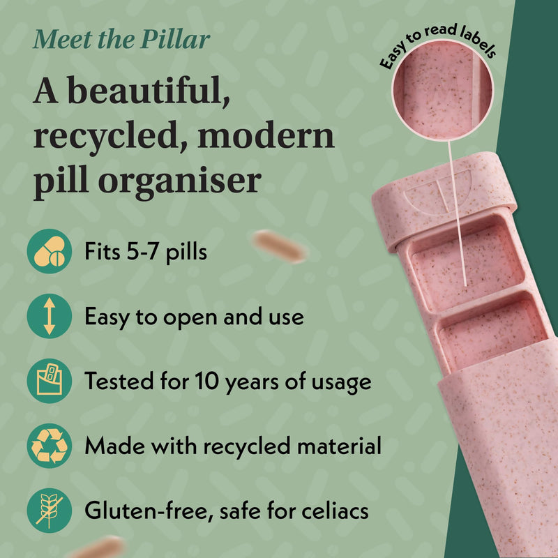 Pillar 7-Day Pill Case - Aesthetic Travel Pill Organizer - Weekly Pill Box | Perfect for daily use & travel, Soft Pink, Beautiful design, Great as a vitamin organizer or supplement organizer Original Pillar