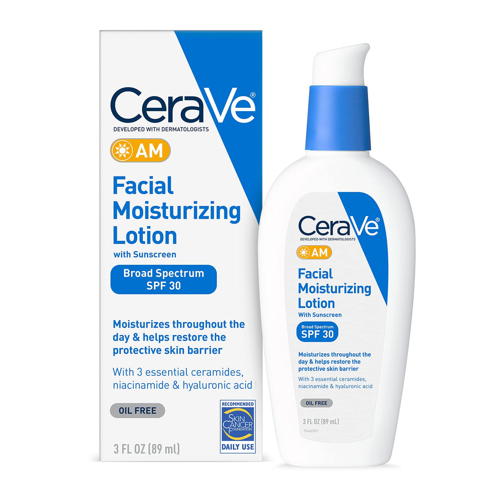 CeraVe AM Facial Moisturizing Lotion with SPF 30 | Oil-Free Face Moisturizer with SPF | Formulated with Hyaluronic Acid, Niacinamide & Ceramides | Non-Comedogenic | Broad Spectrum Sunscreen | 3 Ounce 3 Fl Oz (Pack of 1)