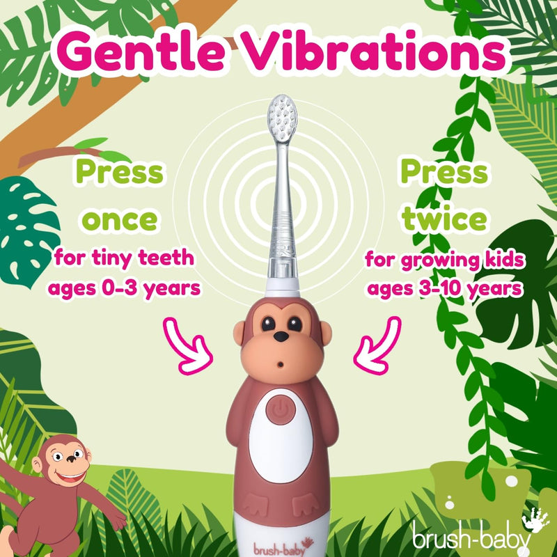 [Australia] - brush-baby WildOnes™ Rechargeable Kids Electric Toothbrush – Monkey | Flashing Lights, 2-Min Timer, Waterproof, 3 Brush Heads | Toddler & Child Toothbrush Ages 0-10 | Soft Bristles 