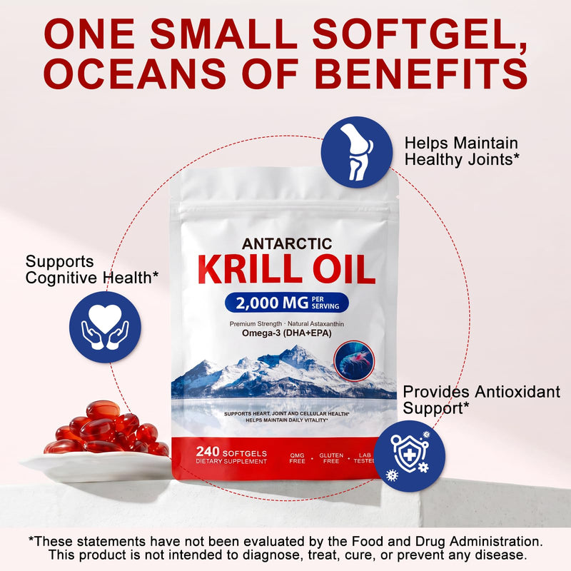 Antarctic Krill Oil Supplement with Omega-3 EPA & DHA and Natural Astaxanthin, Supports Heart & Joint Health, Non-GMO, 240 Softgels