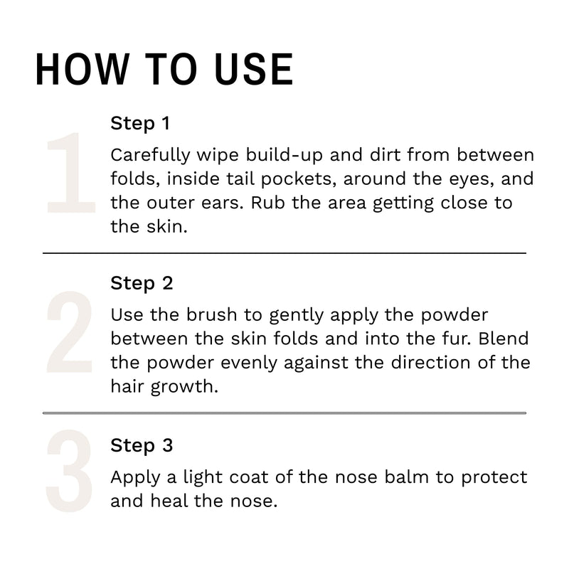 Eye Envy Bulldog Wrinkle Cleaner & Nose Care Kit. Bulldog Wrinkle Wipes, Tear Stain Powder, Applicator Brush & Dog Nose Balm. Cleans Skin Folds. Removes Stains. Helps Cracked Noses. Made in USA - PawsPlanet Australia