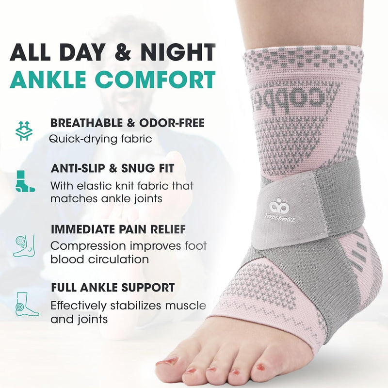 INDEEMAX Ankle Brace for Women & Men, Ankle Compression Sleeve Support Copper Infused Ankle Brace for Sprained Ankle, Plantar Fasciitis Sports, Achilles Tendonitis Pain Relief, Pink Silver, S Copper Pink Silver Small